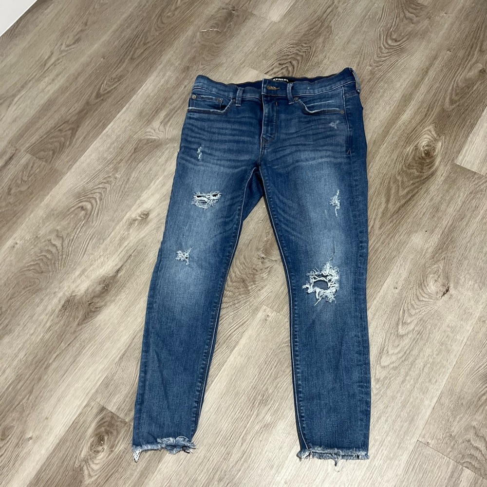 Express Women’s Distressed Mid Rise Ankle Jeans Leggings Size 6s Denim Blue